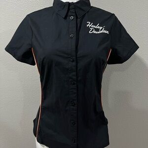 Harley-Davidson Women's Black and Orange Button-Down Shirt